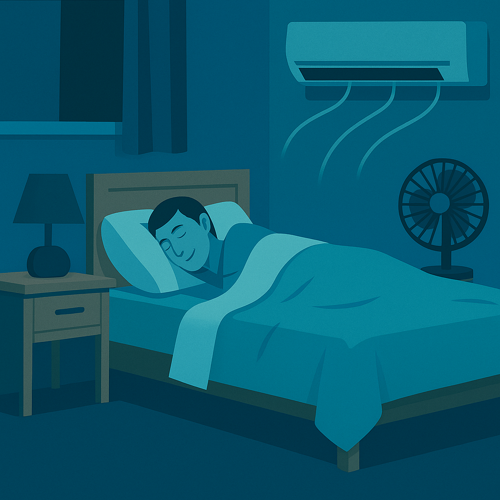 Cool dark bedroom with fan and breathable bedding for comfortable sleep.